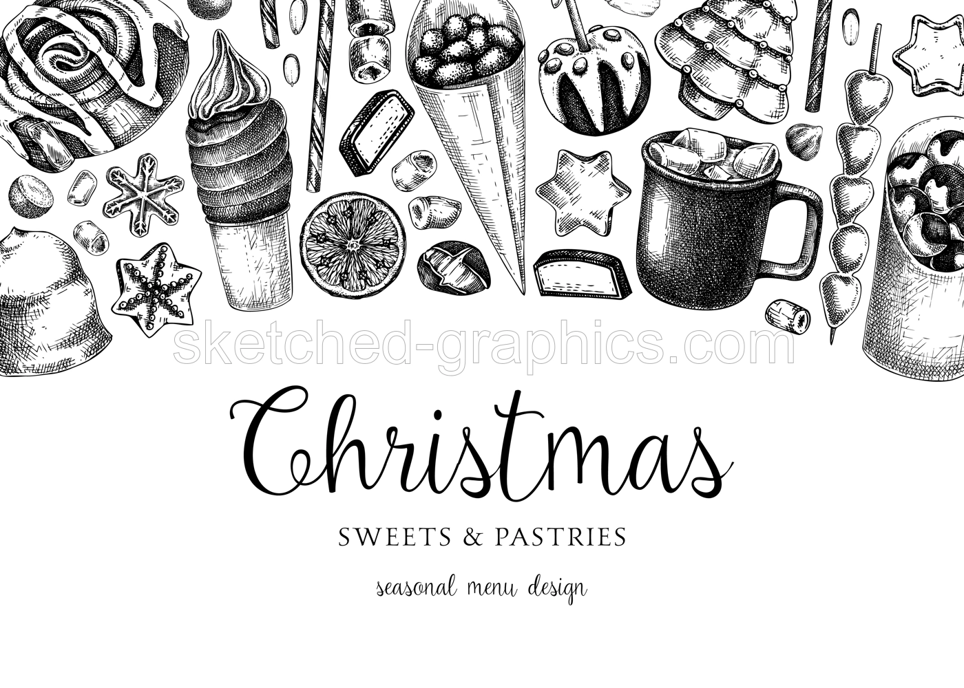 Christmas food background. Christmas market design template. Hand-drawn vector illustration. Hot drinks, candies, cookies, pastries sketches. Winter holiday menu banner. Invitation, Greeting card Illustration